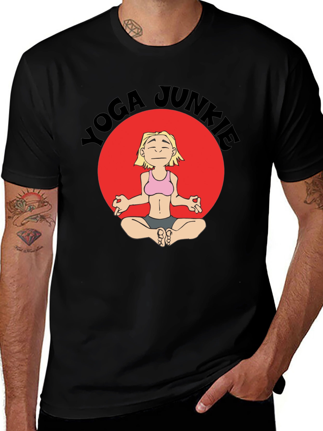 Yoga Junkie Black T-Shirt with Cartoon Graphic