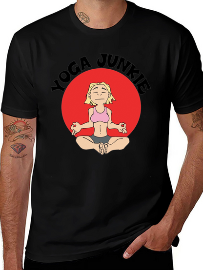 Yoga Junkie Black T-Shirt with Cartoon Graphic
