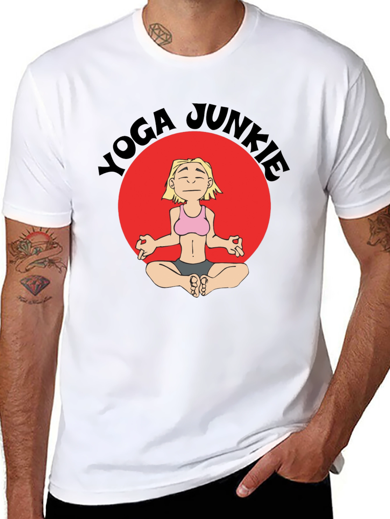 Yoga Junkie Black T-Shirt with Cartoon Graphic