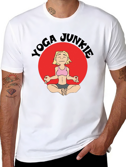 Yoga Junkie Black T-Shirt with Cartoon Graphic