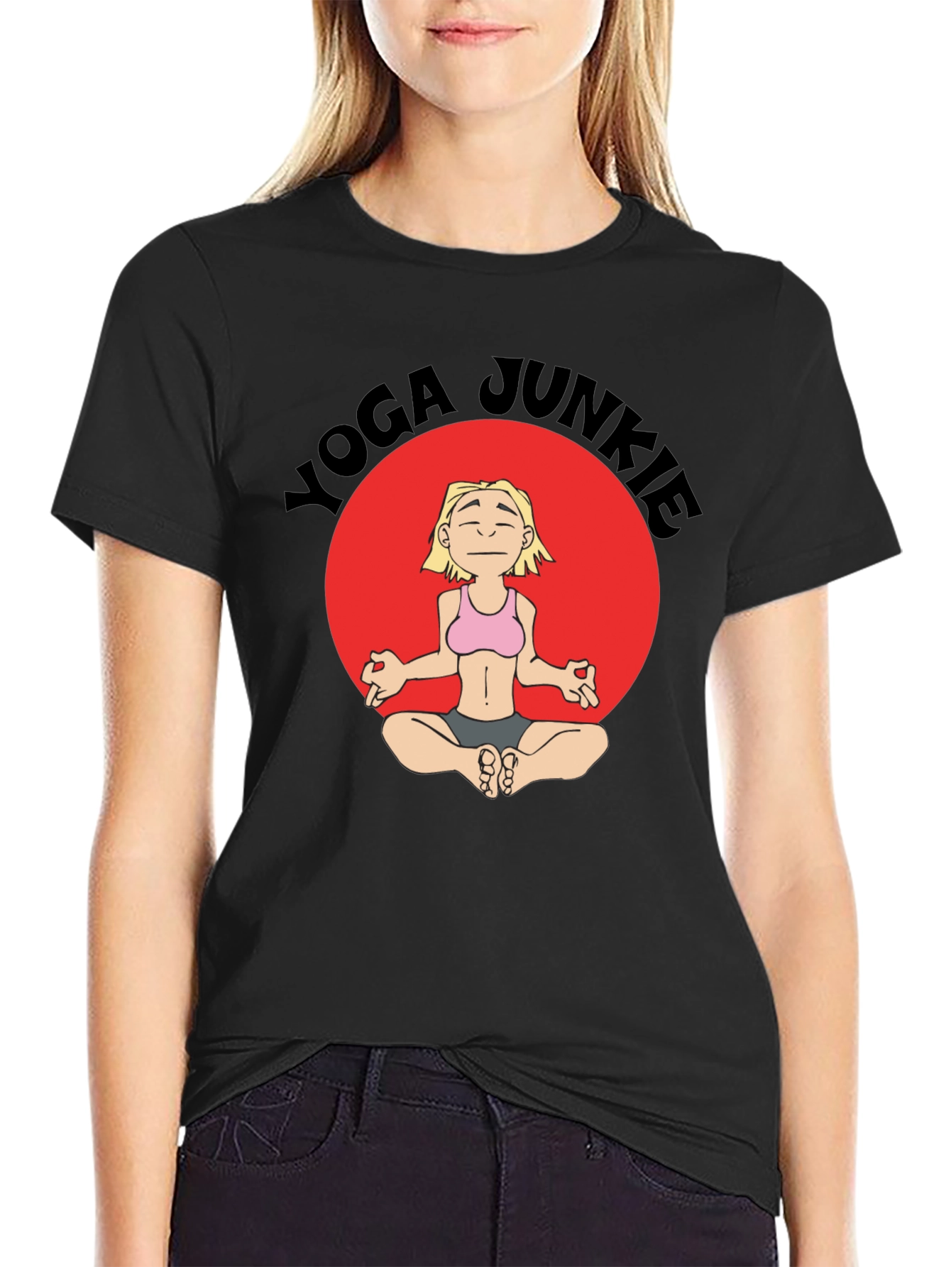 Yoga Junkie Black T-Shirt with Cartoon Graphic