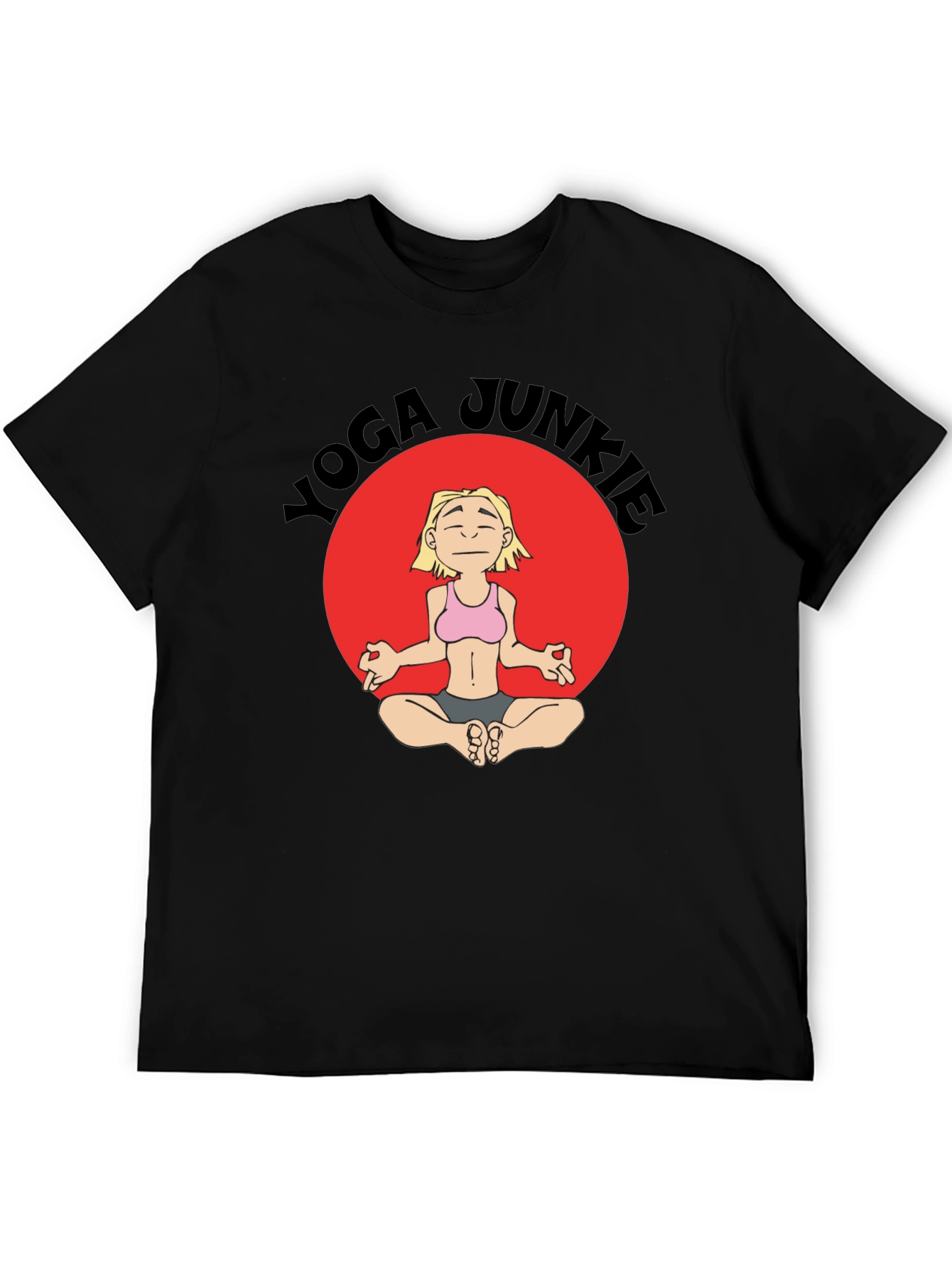 Yoga Junkie Black T-Shirt with Cartoon Graphic