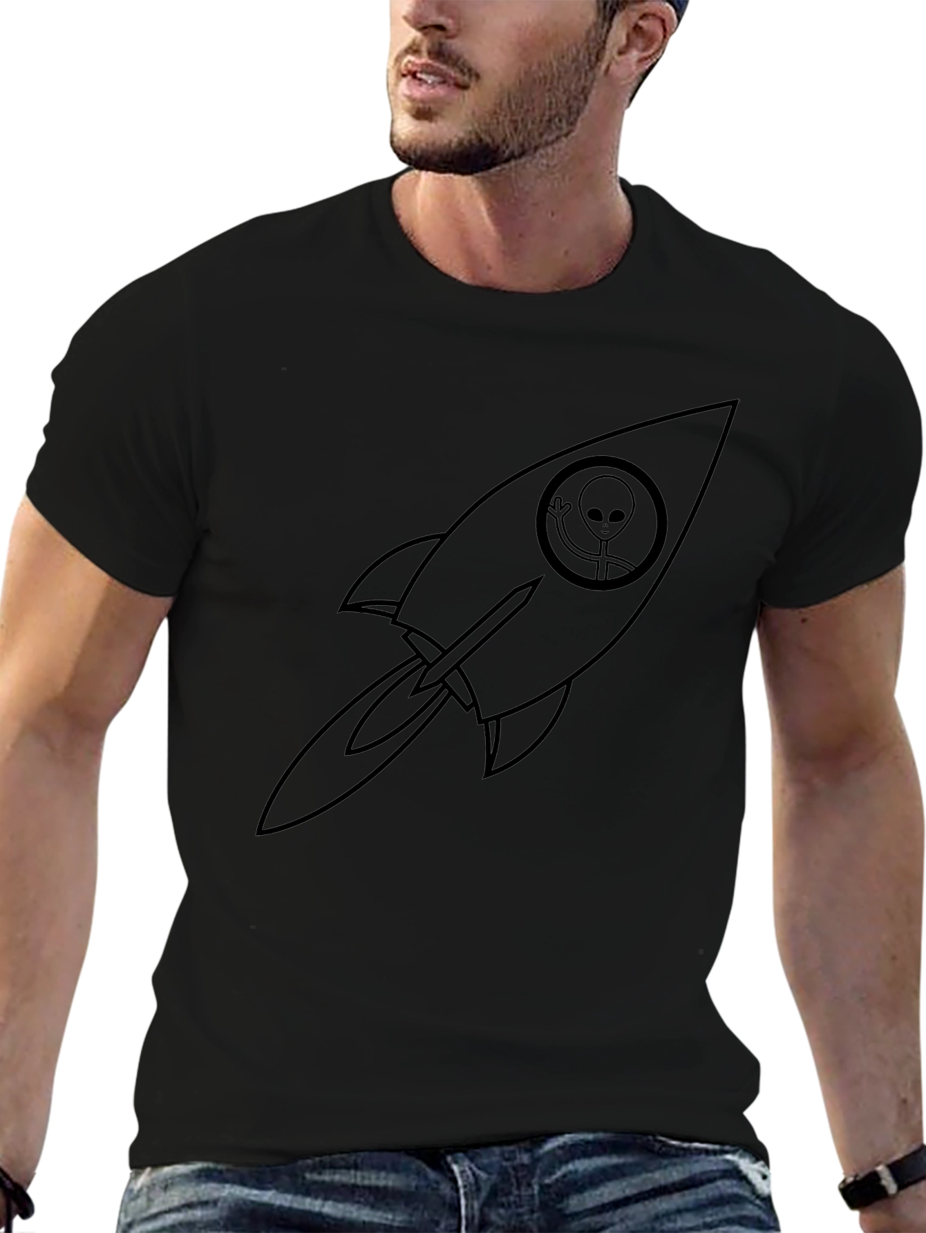 Alien Rocket Graphic Tee - Black Crew Neck T-Shirt