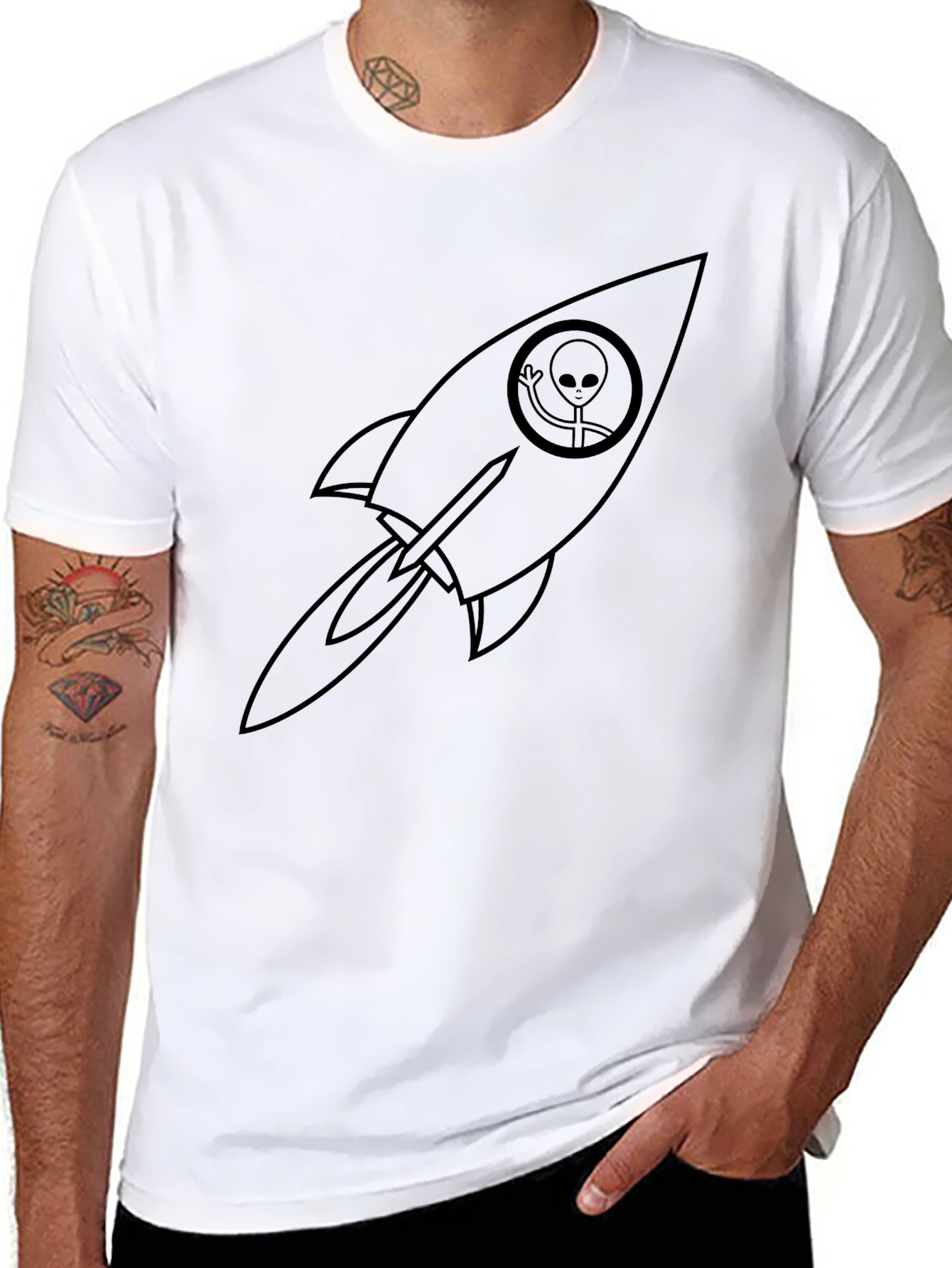Alien Rocket Graphic Tee - Black Crew Neck T-Shirt