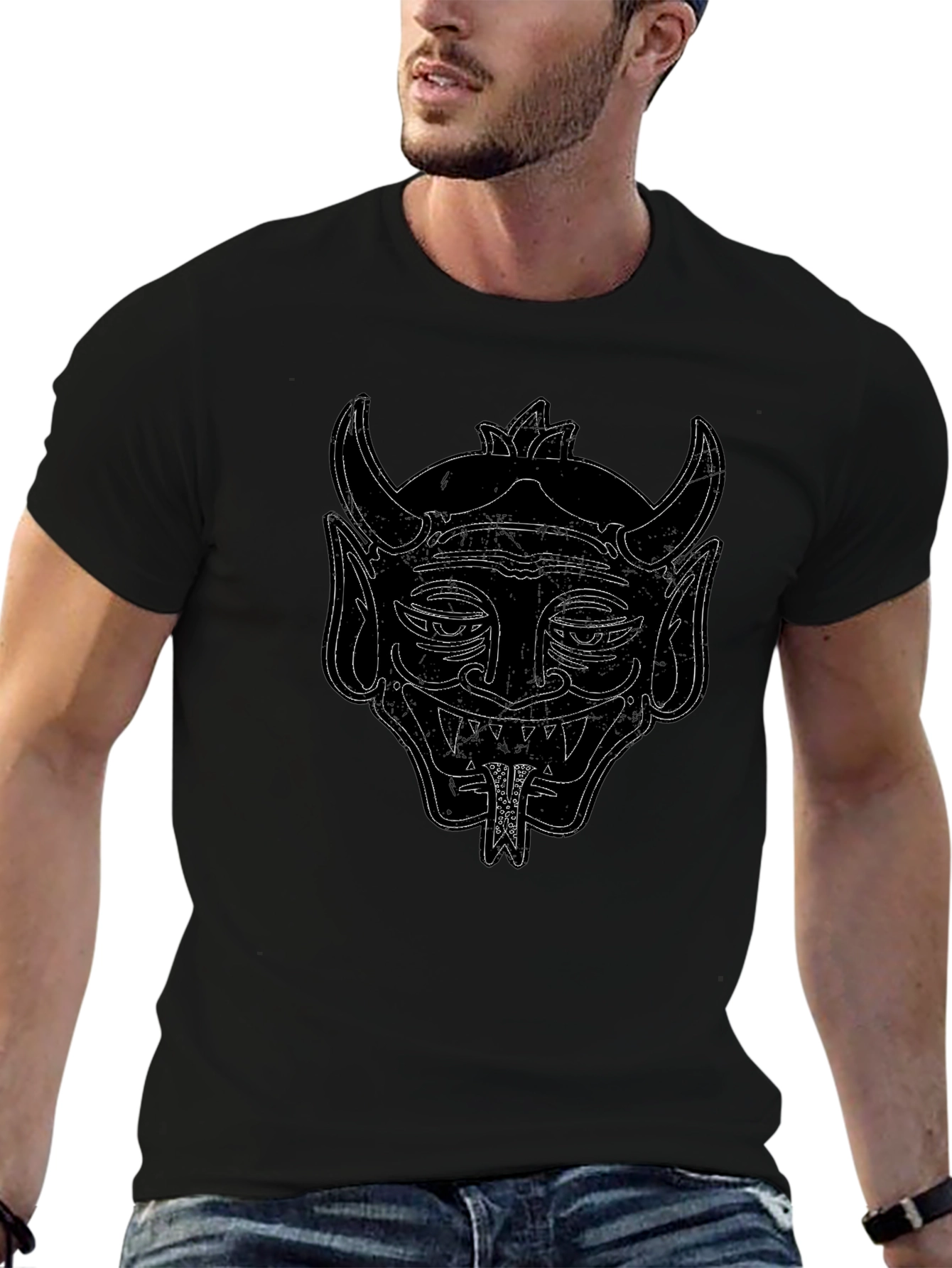 Black Graphic Tee - Oni Mask Design
