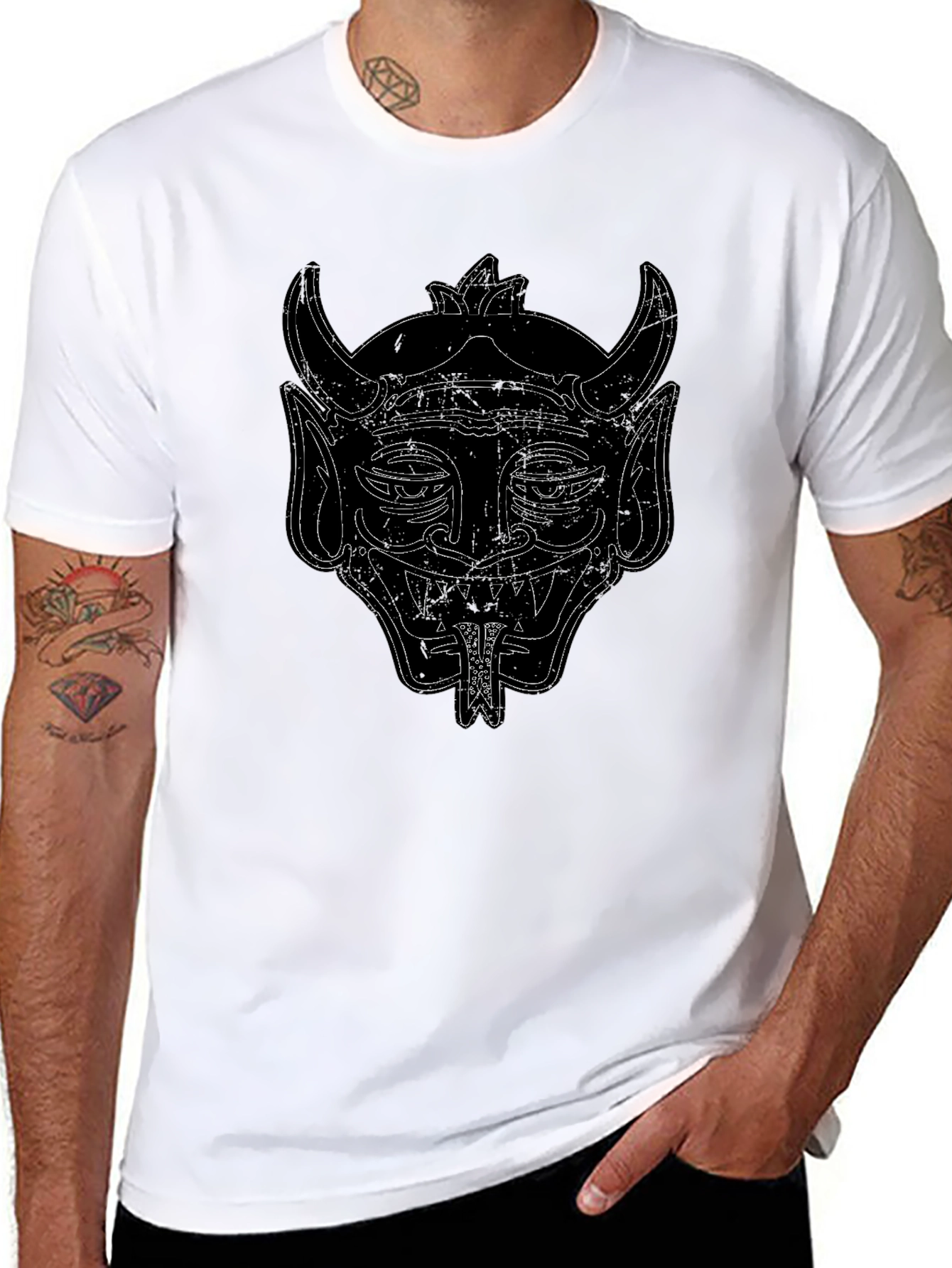 Black Graphic Tee - Oni Mask Design