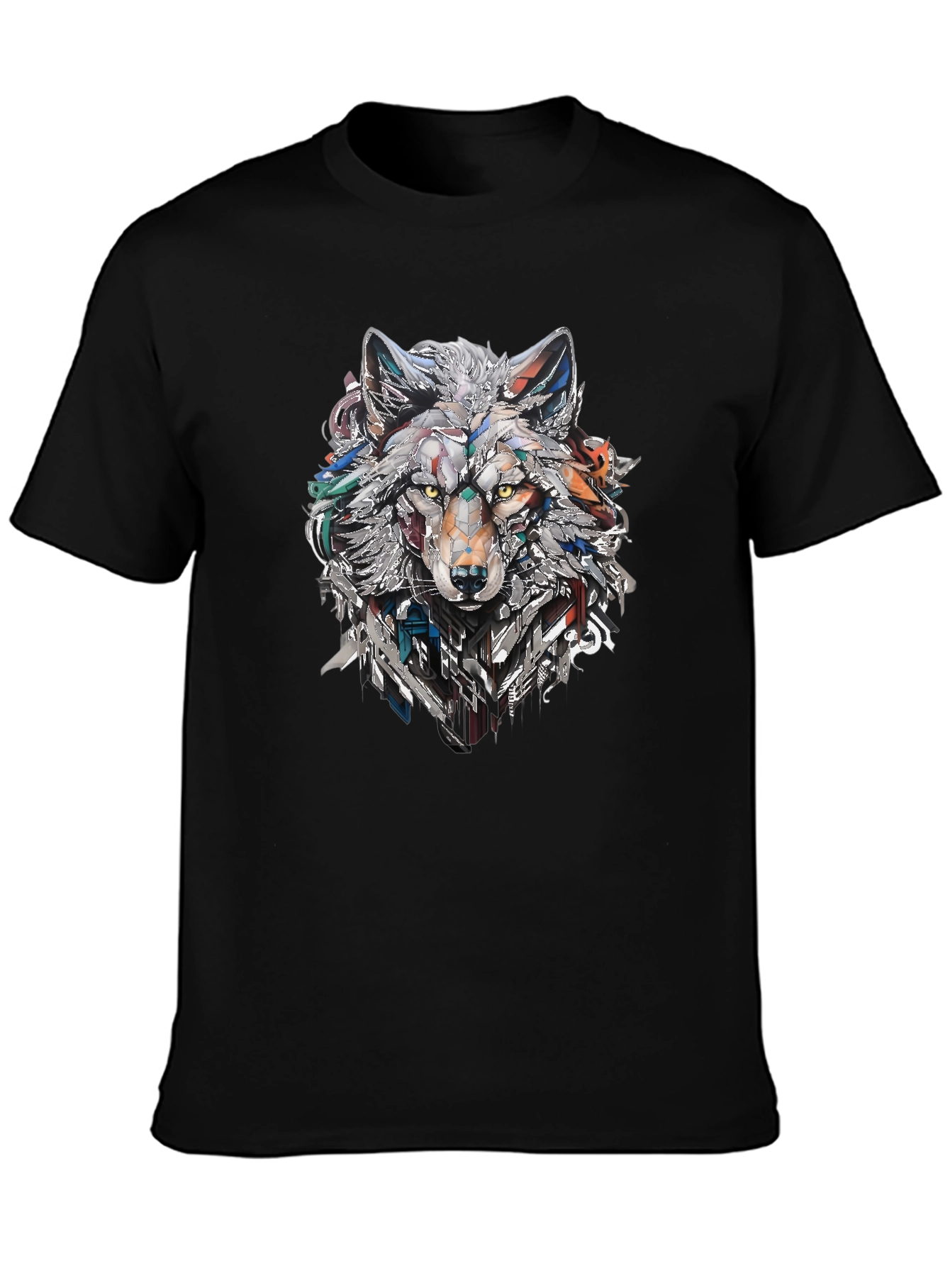 Abstract Geometric Wolf Graphic Print Black T-Shirt