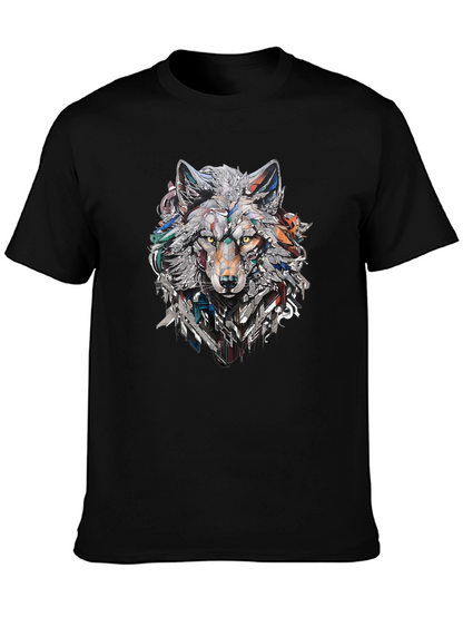 Abstract Geometric Wolf Graphic Print Black T-Shirt