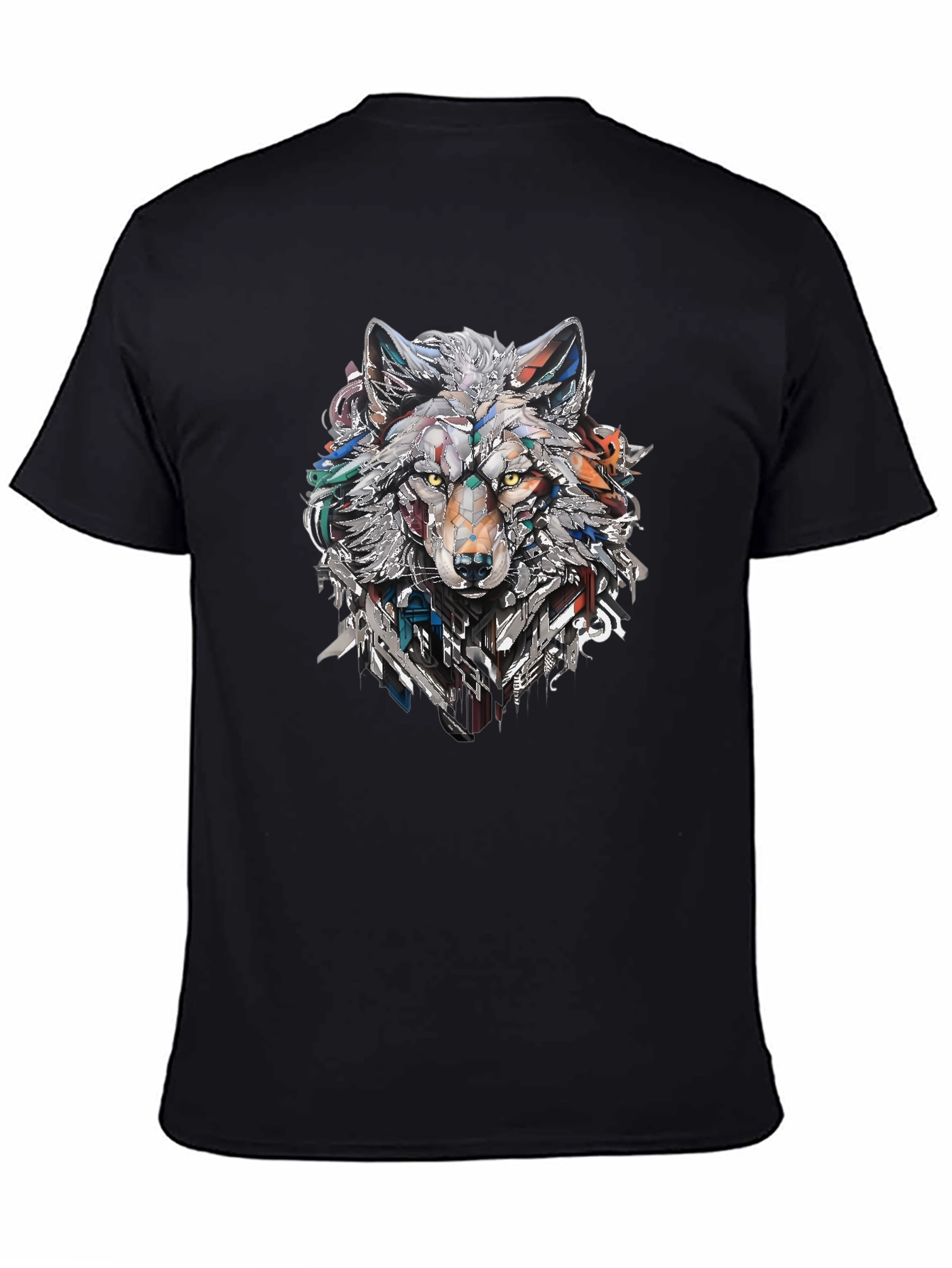 Abstract Geometric Wolf Graphic Print Black T-Shirt