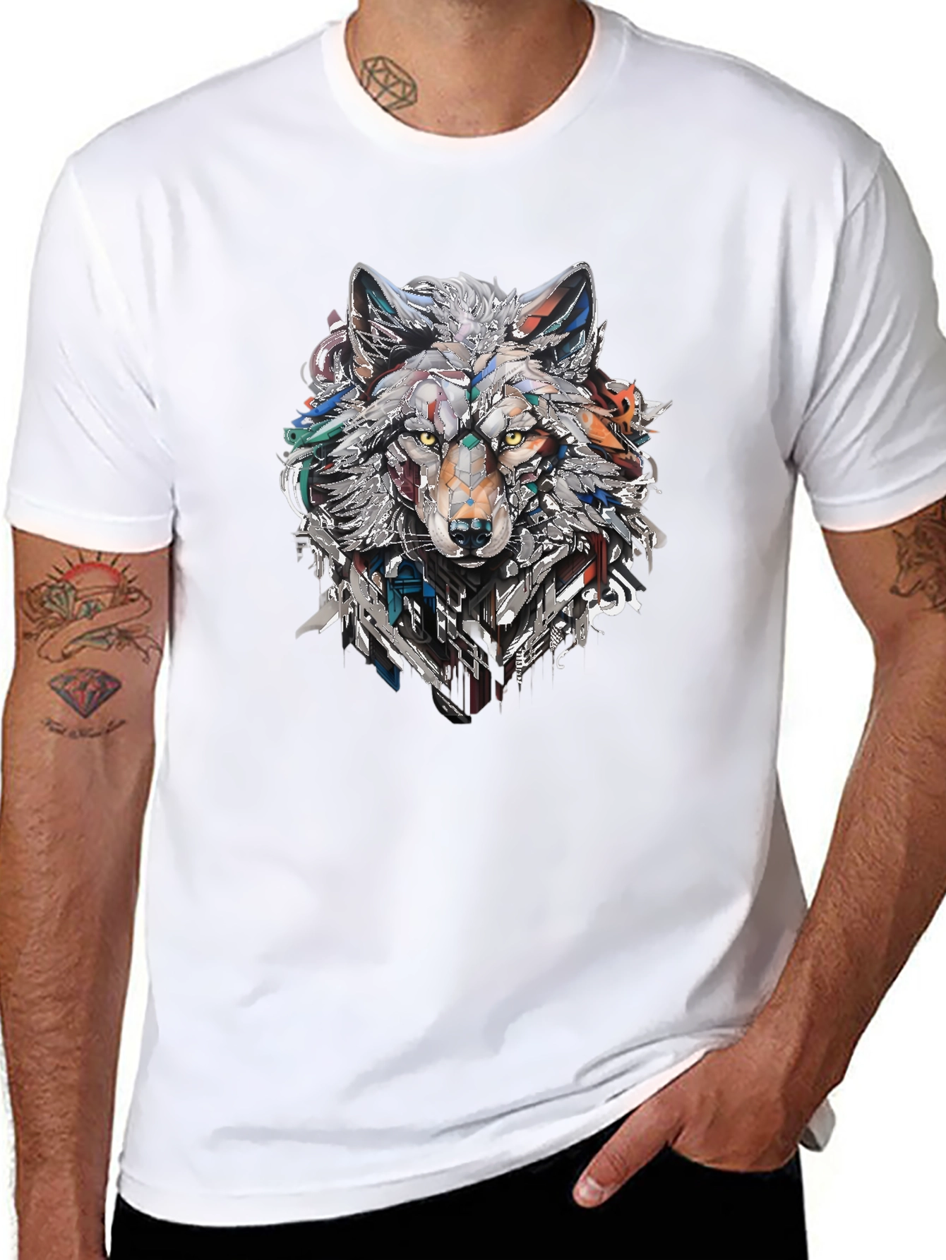 Abstract Geometric Wolf Graphic Print Black T-Shirt