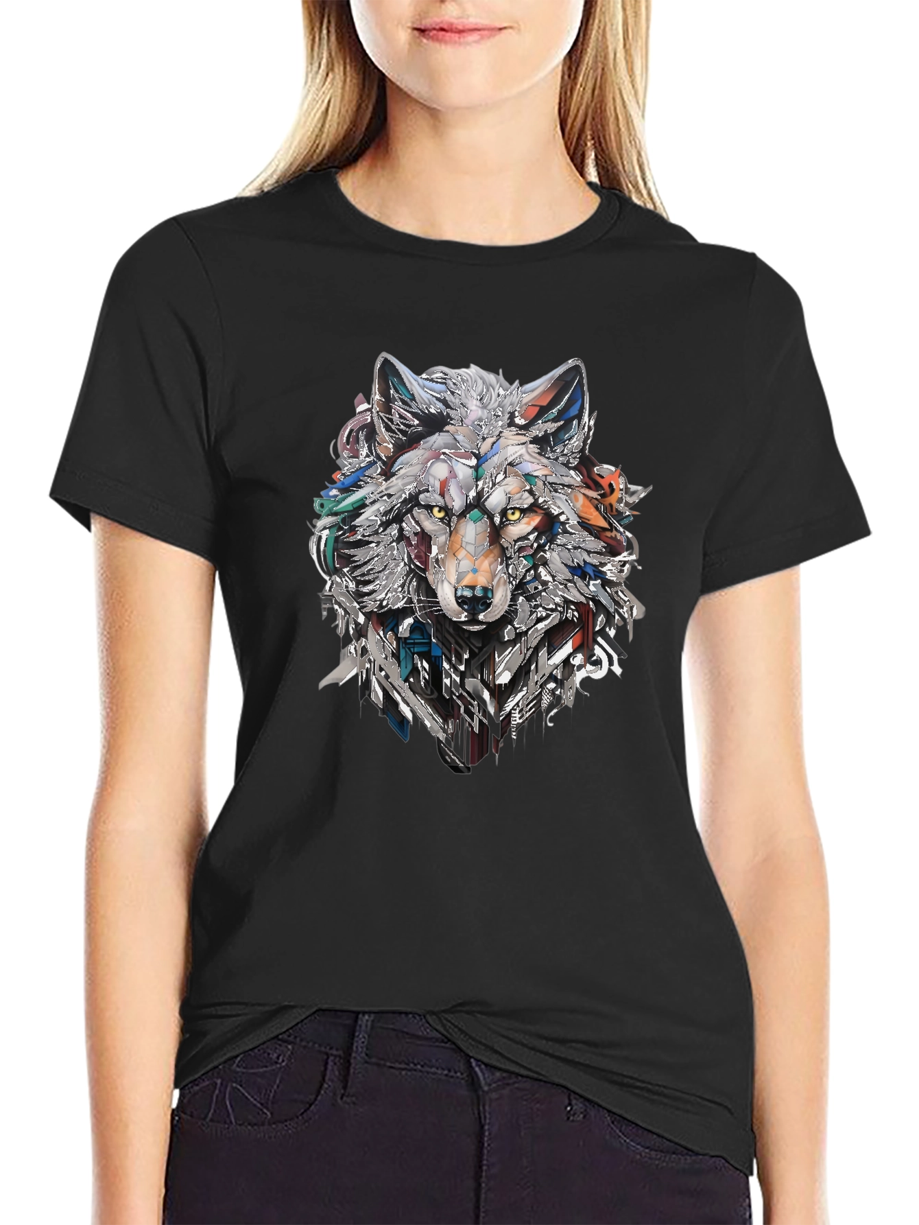 Abstract Geometric Wolf Graphic Print Black T-Shirt
