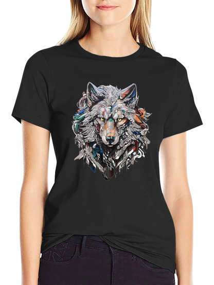Abstract Geometric Wolf Graphic Print Black T-Shirt