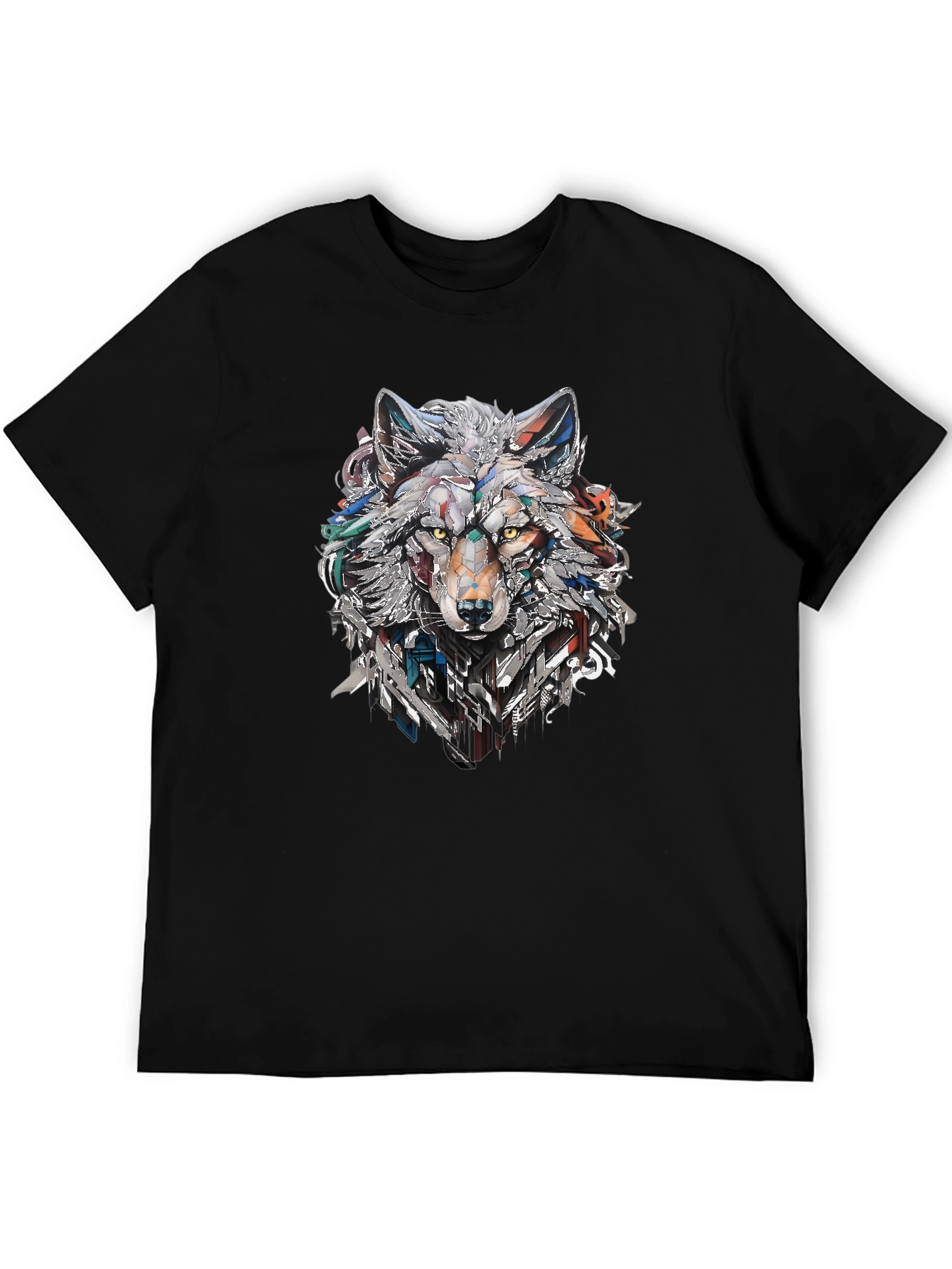 Abstract Geometric Wolf Graphic Print Black T-Shirt