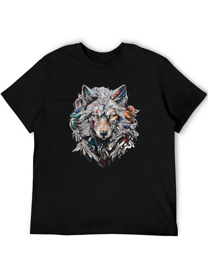 Abstract Geometric Wolf Graphic Print Black T-Shirt