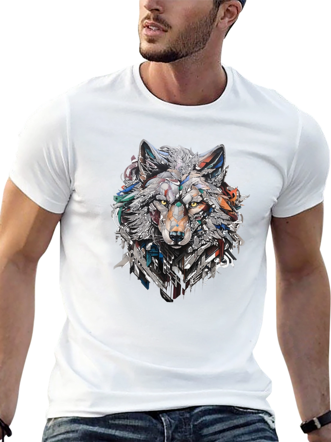 Abstract Geometric Wolf Graphic Print Black T-Shirt