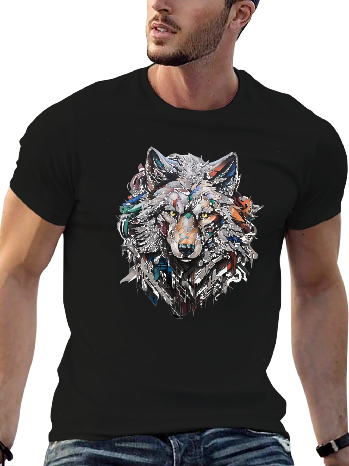 Abstract Geometric Wolf Graphic Print Black T-Shirt