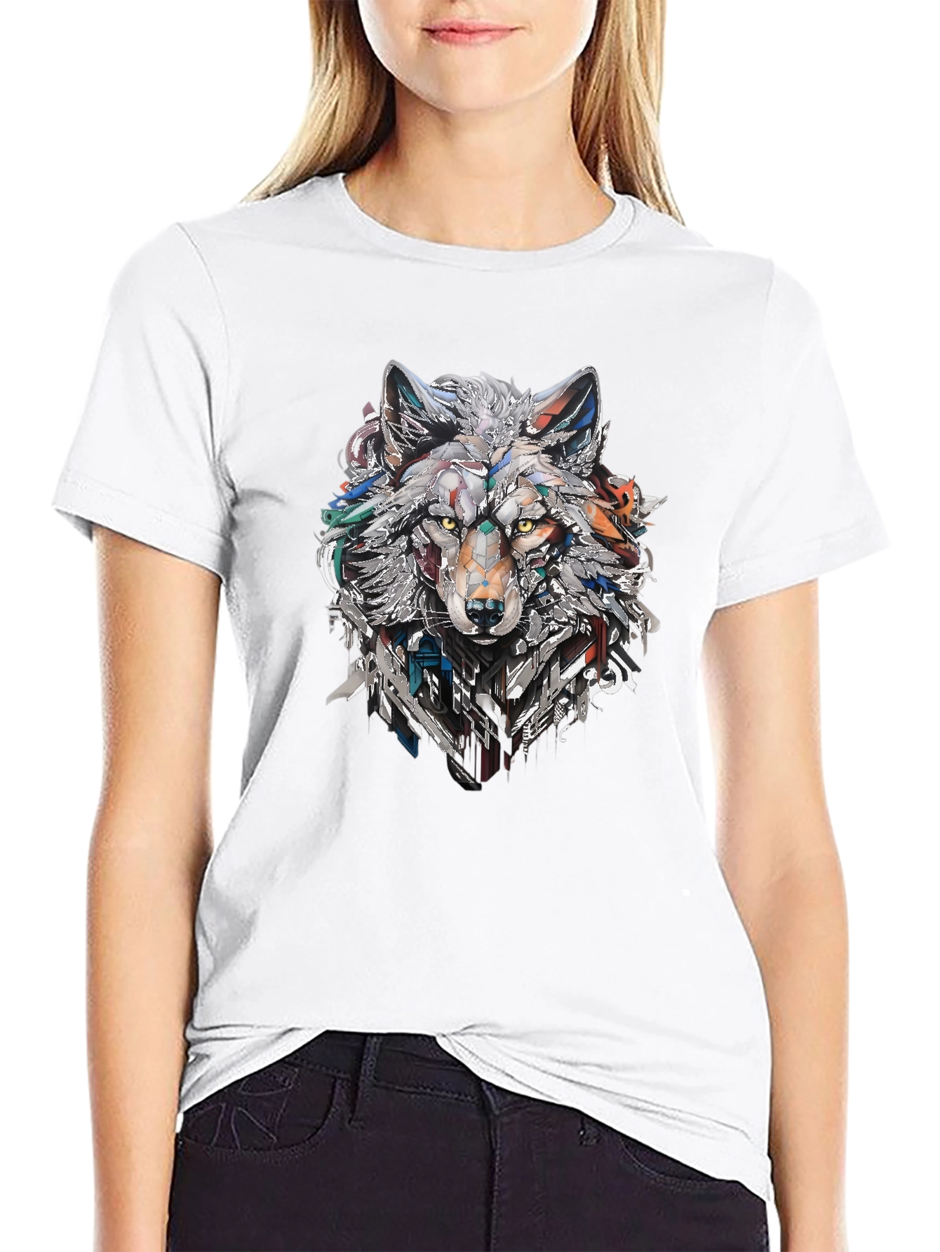 Abstract Geometric Wolf Graphic Print Black T-Shirt