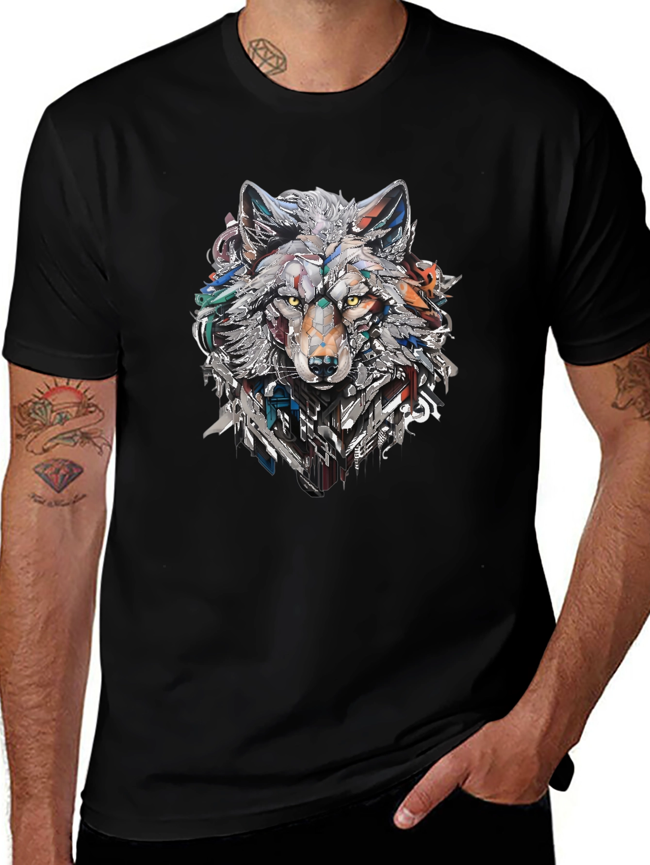 Abstract Geometric Wolf Graphic Print Black T-Shirt