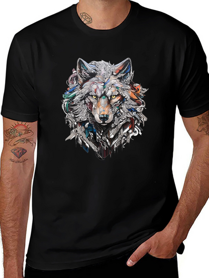 Abstract Geometric Wolf Graphic Print Black T-Shirt