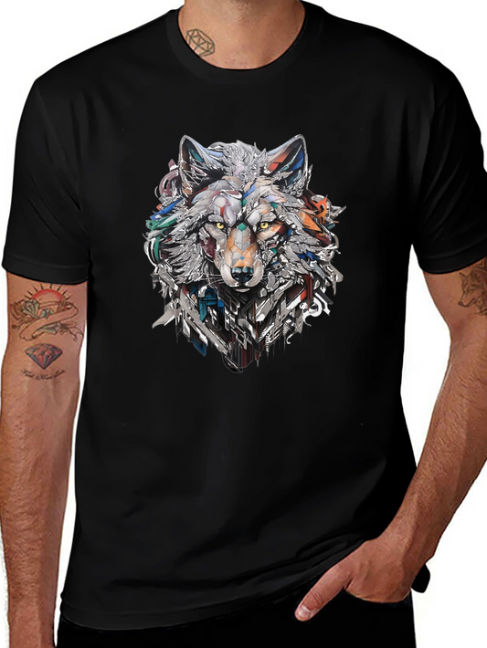 Abstract Geometric Wolf Graphic Print Black T-Shirt