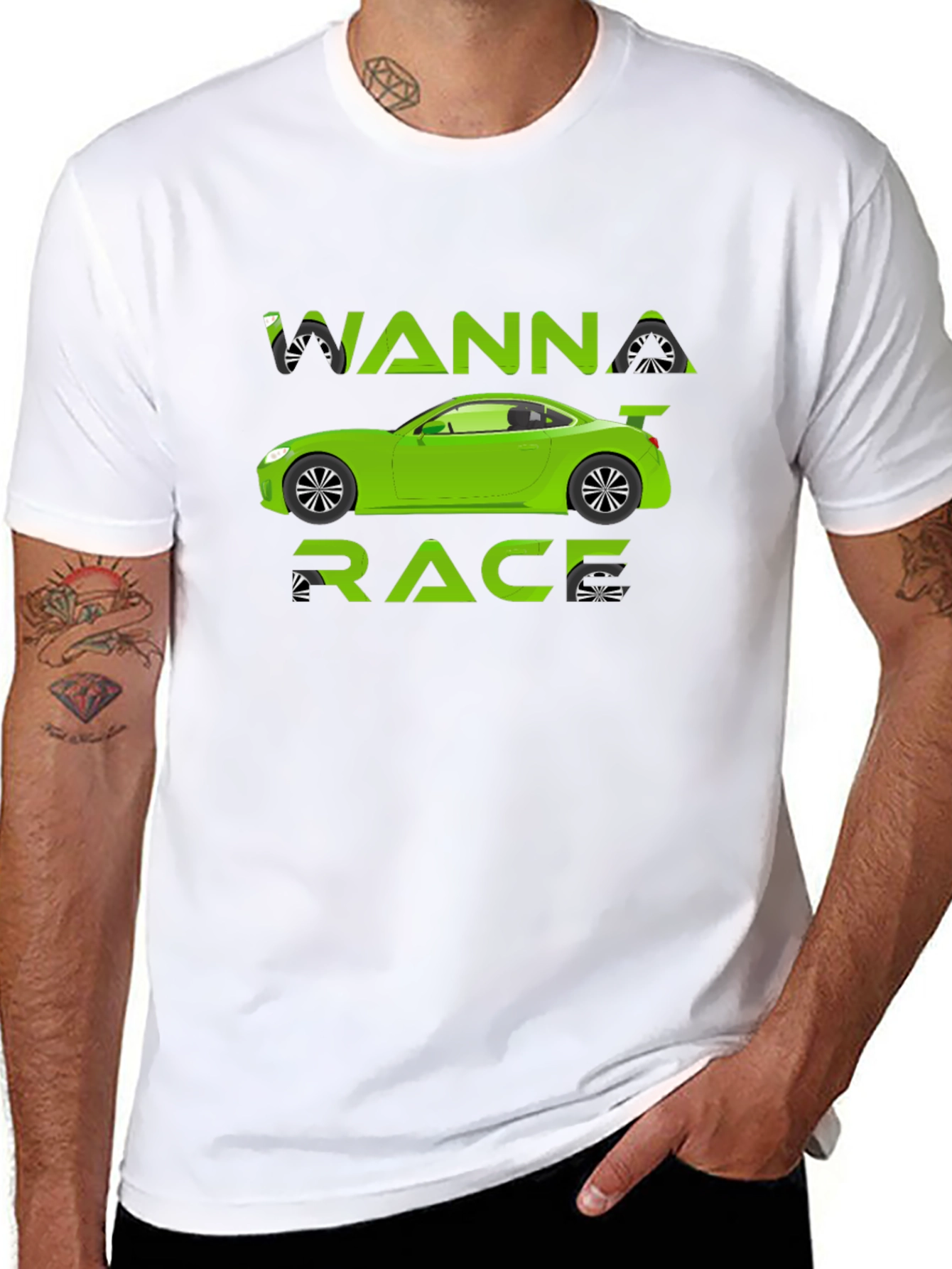 Wanna Race T-Shirt - Green Car Graphic Tee