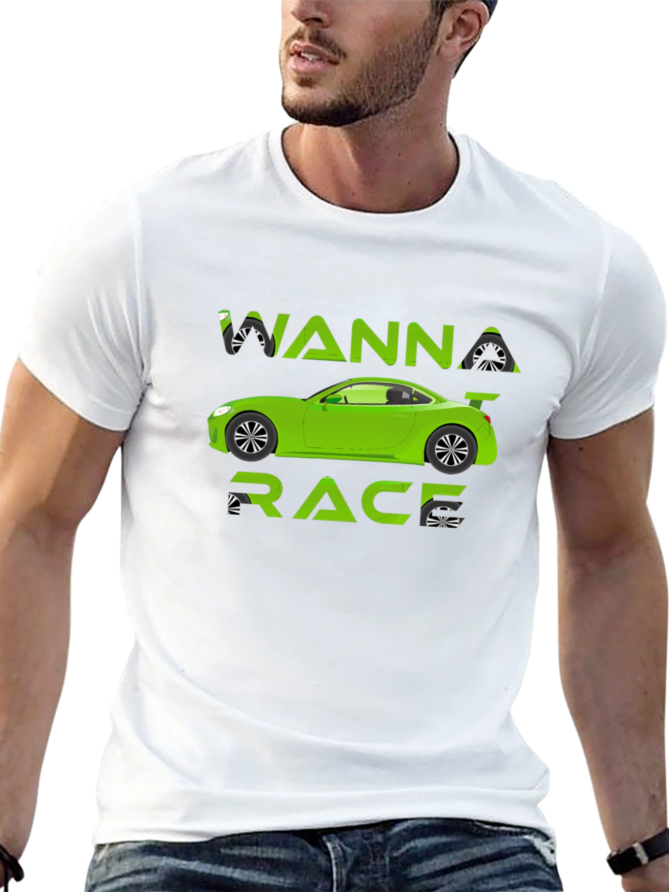 Wanna Race T-Shirt - Green Car Graphic Tee
