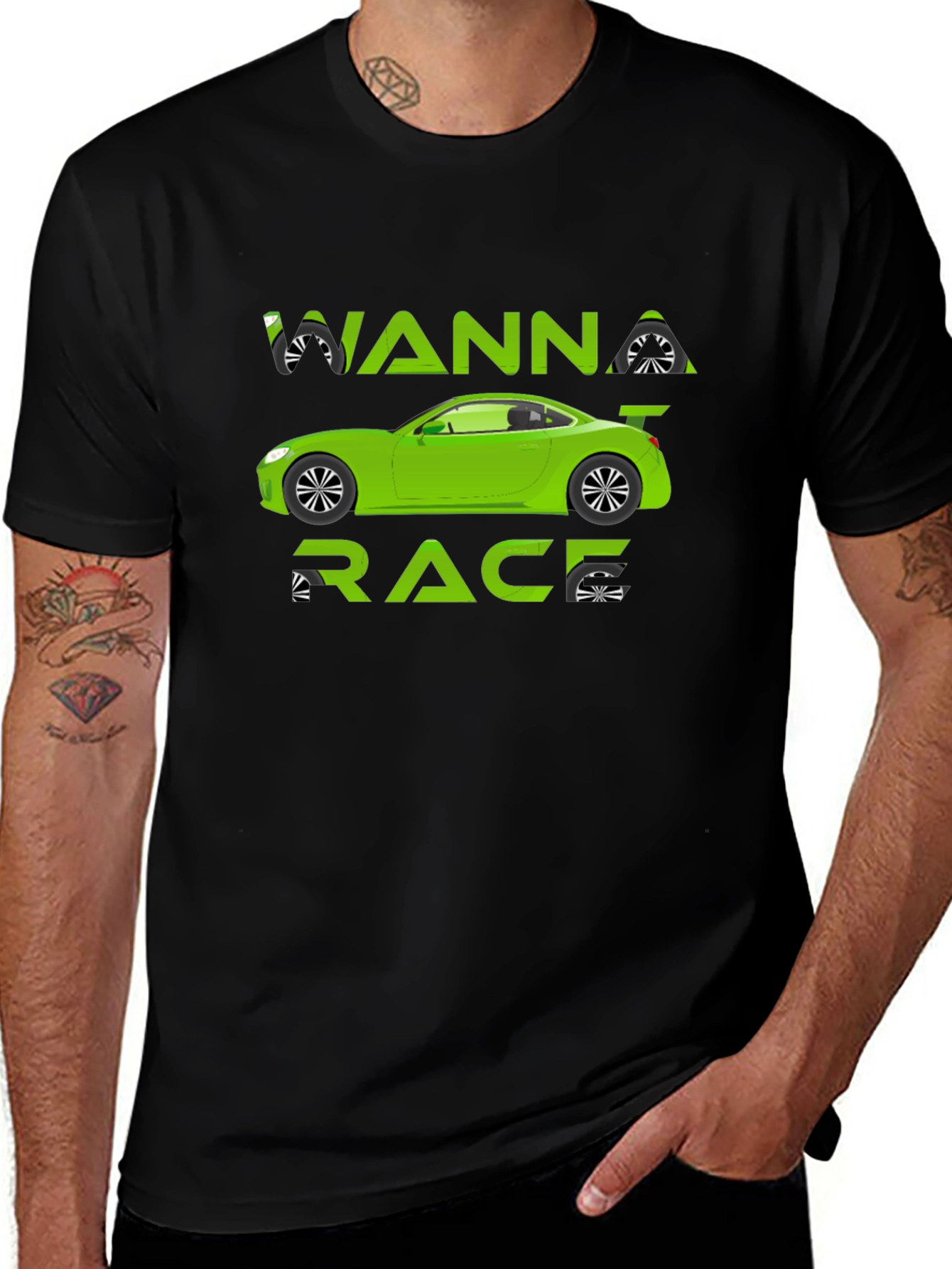 Wanna Race T-Shirt - Green Car Graphic Tee