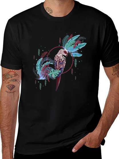 Tropical Bird Graphic Tee - Black Casual T-Shirt