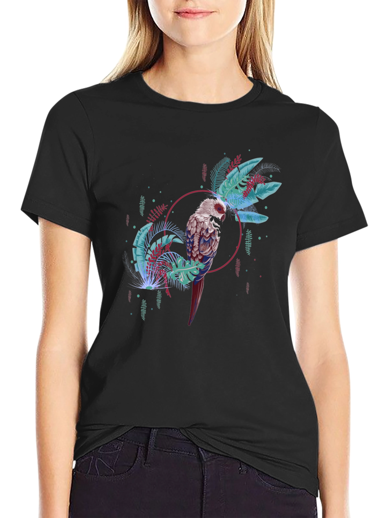 Tropical Bird Graphic Tee - Black Casual T-Shirt