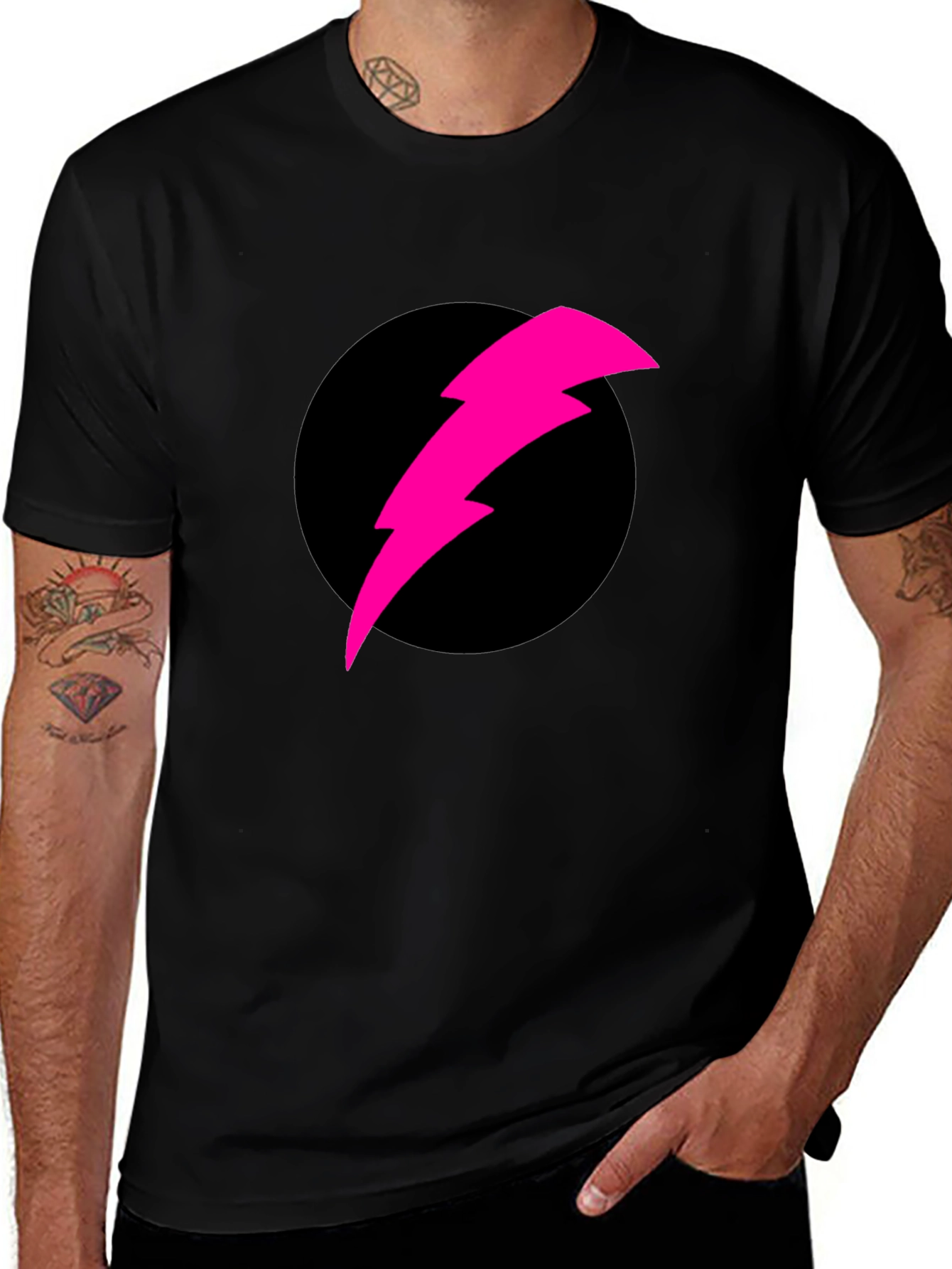 Black T-Shirt with Pink Lightning Bolt Design