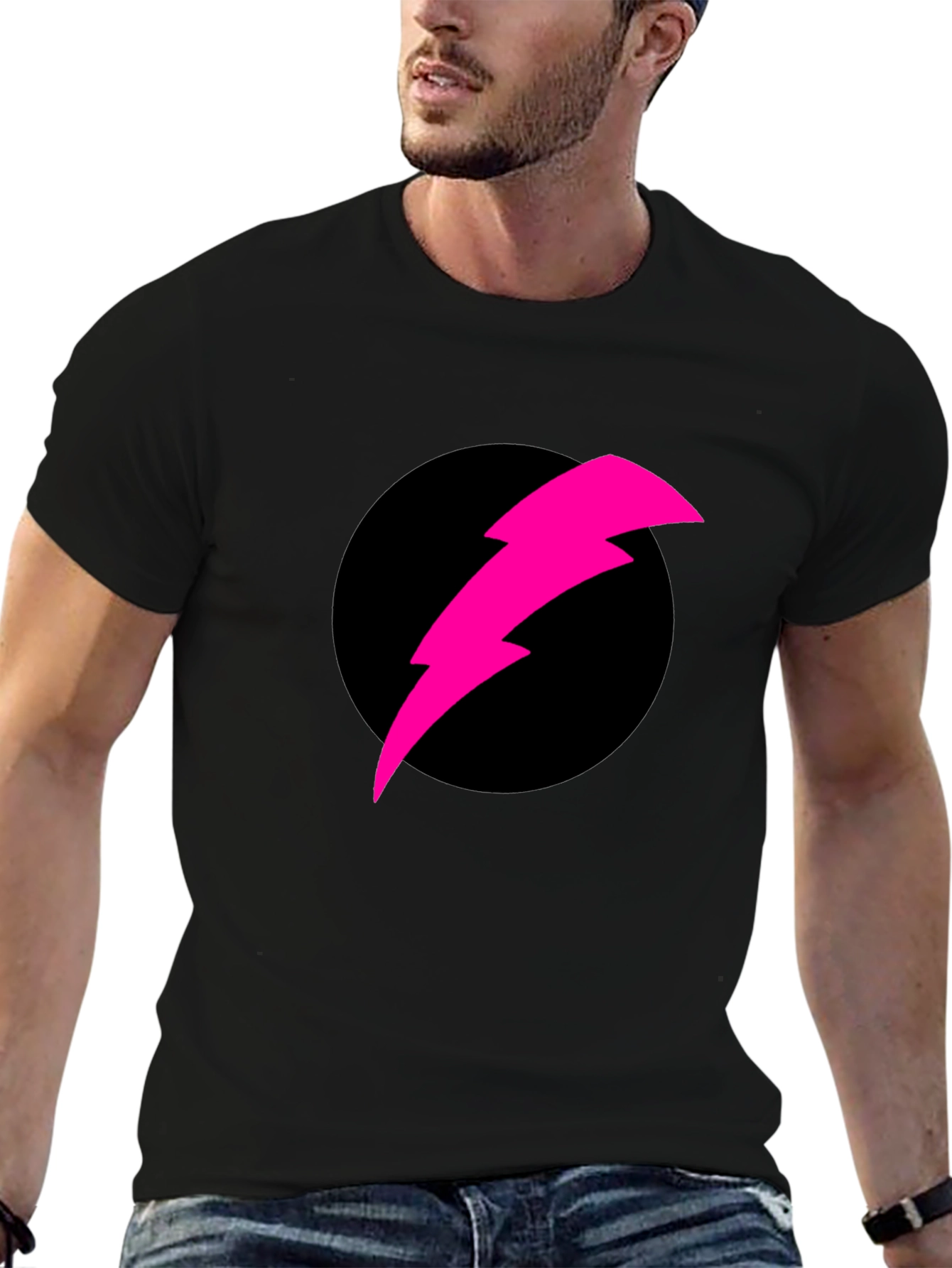 Black T-Shirt with Pink Lightning Bolt Design