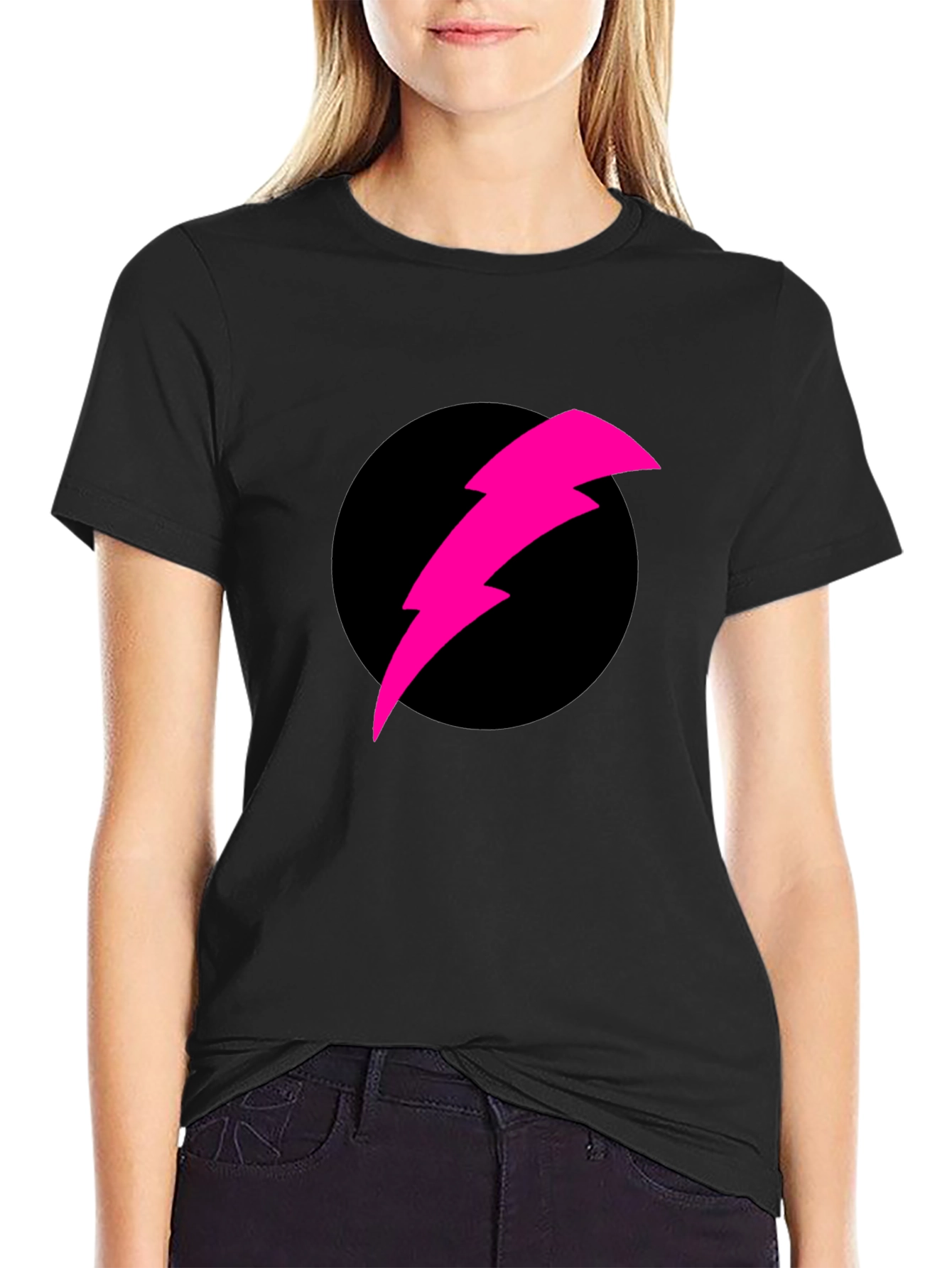 Black T-Shirt with Pink Lightning Bolt Design
