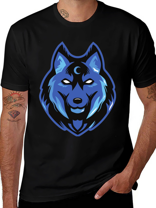 Blue Wolf Graphic Print Black T-Shirt