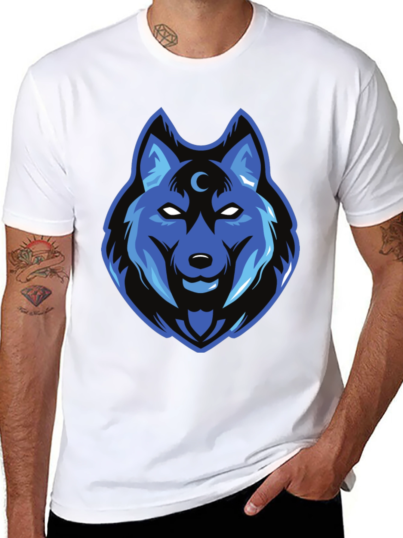 Blue Wolf Graphic Print Black T-Shirt