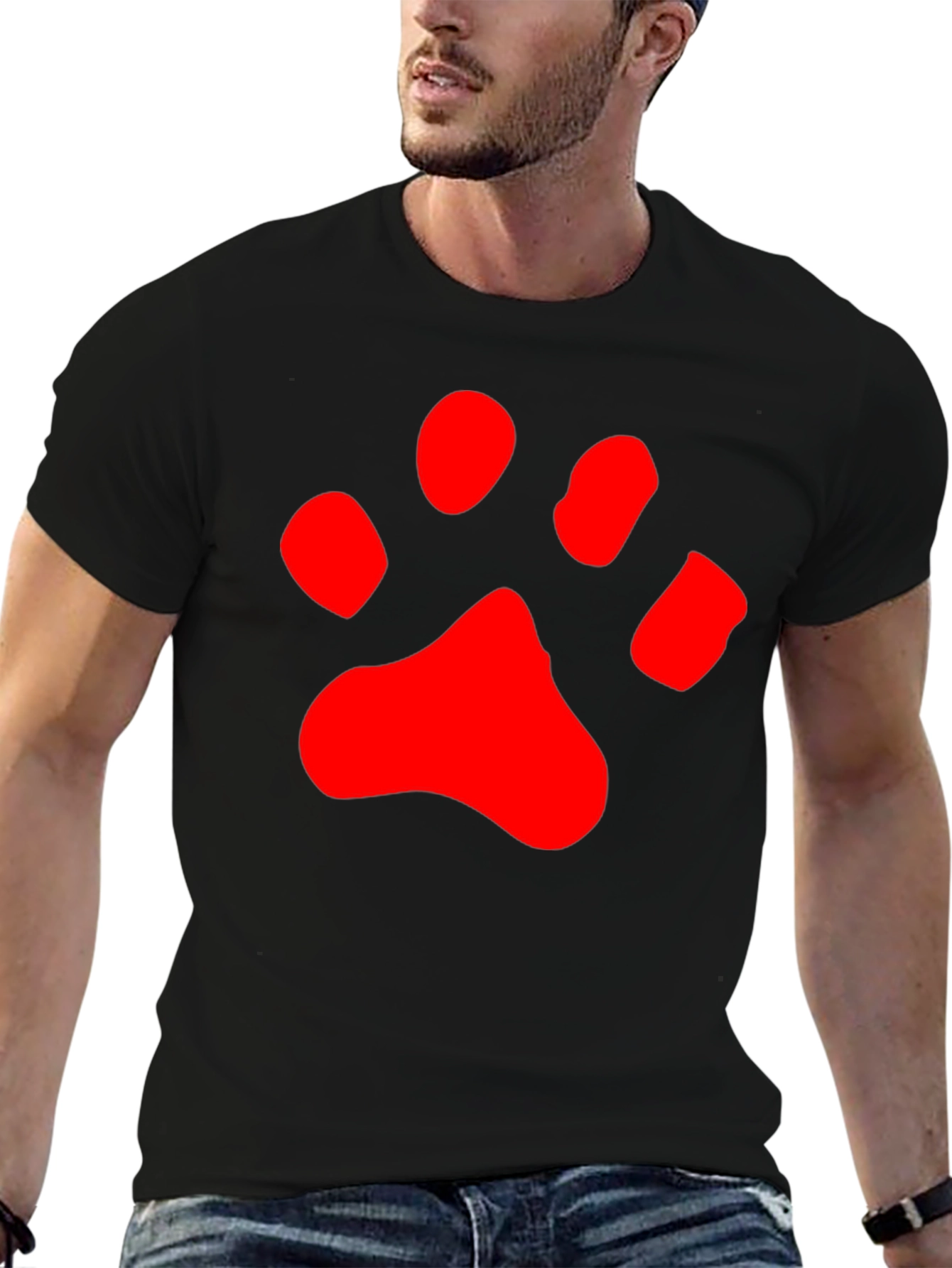 Black T-Shirt with Red Paw Print Design