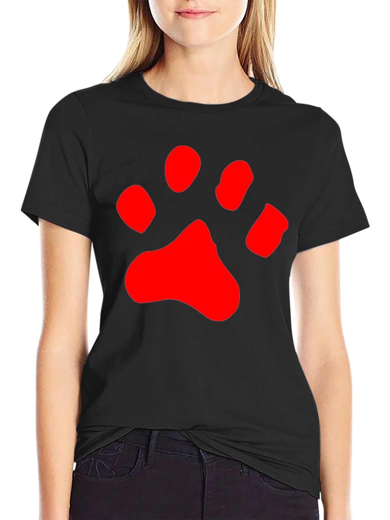 Black T-Shirt with Red Paw Print Design